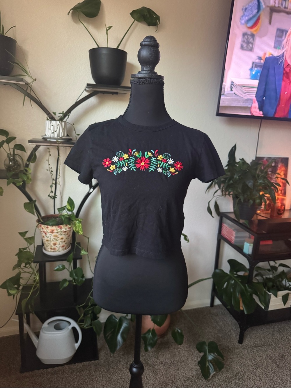Black Cropped Tee with Multicolor Floral Embroidery - Women’s Crop Top